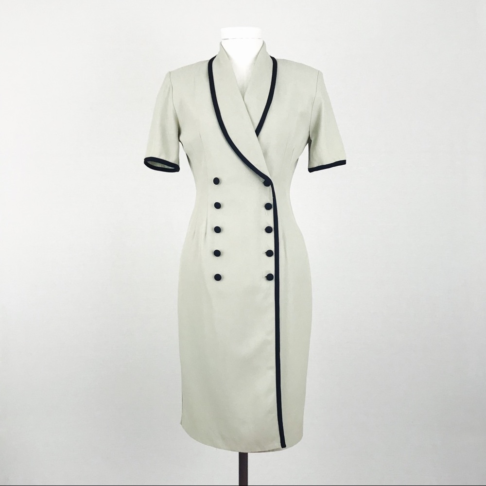 Vintage Double-Breasted Dress in Beige | Size S